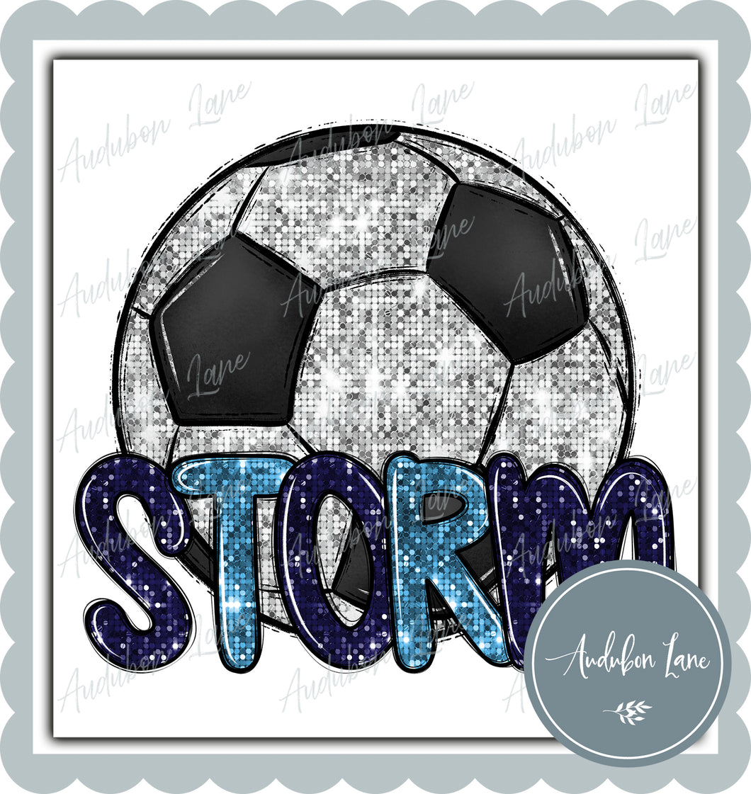 Storm Faux Sequin Navy and Lt Blue Soccer with Mascot Print Ready To Press DTF Transfer Custom Colors Available On Request