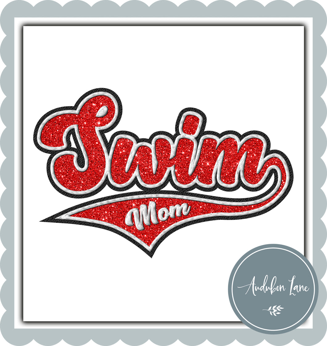 Swim Mom Faux Red Glitter and White and Black Embroidery