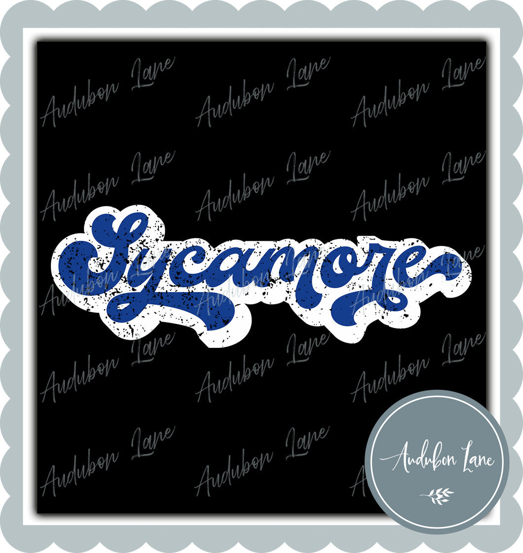 Sycamore Retro Distressed Royal Blue and White Print Ready To Press DTF Transfer Custom Colors Available On Request