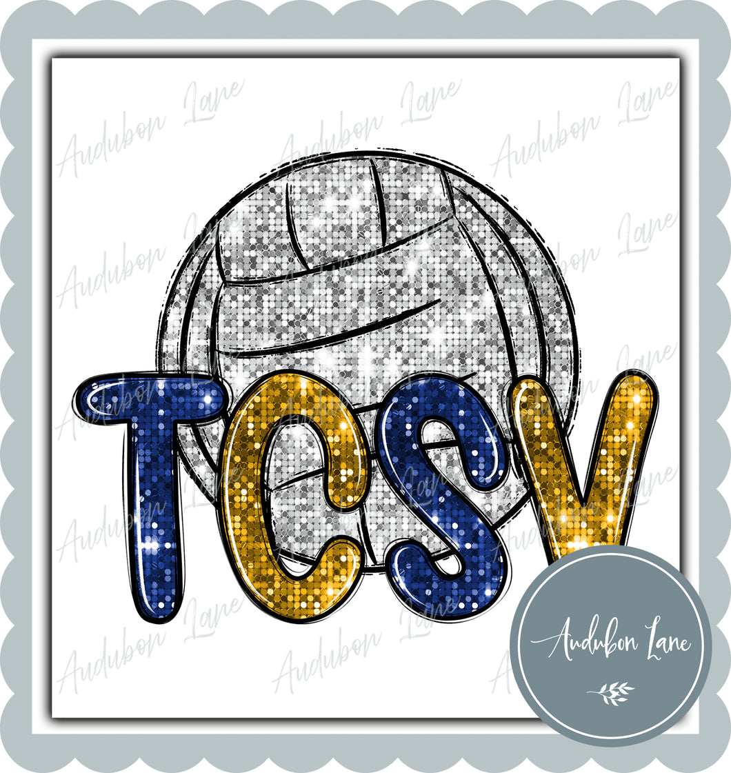 TCSV Royal and Gold Faux Sequin Volleyball with Mascot Print Ready To Press DTF Transfer Custom Colors Available On Request