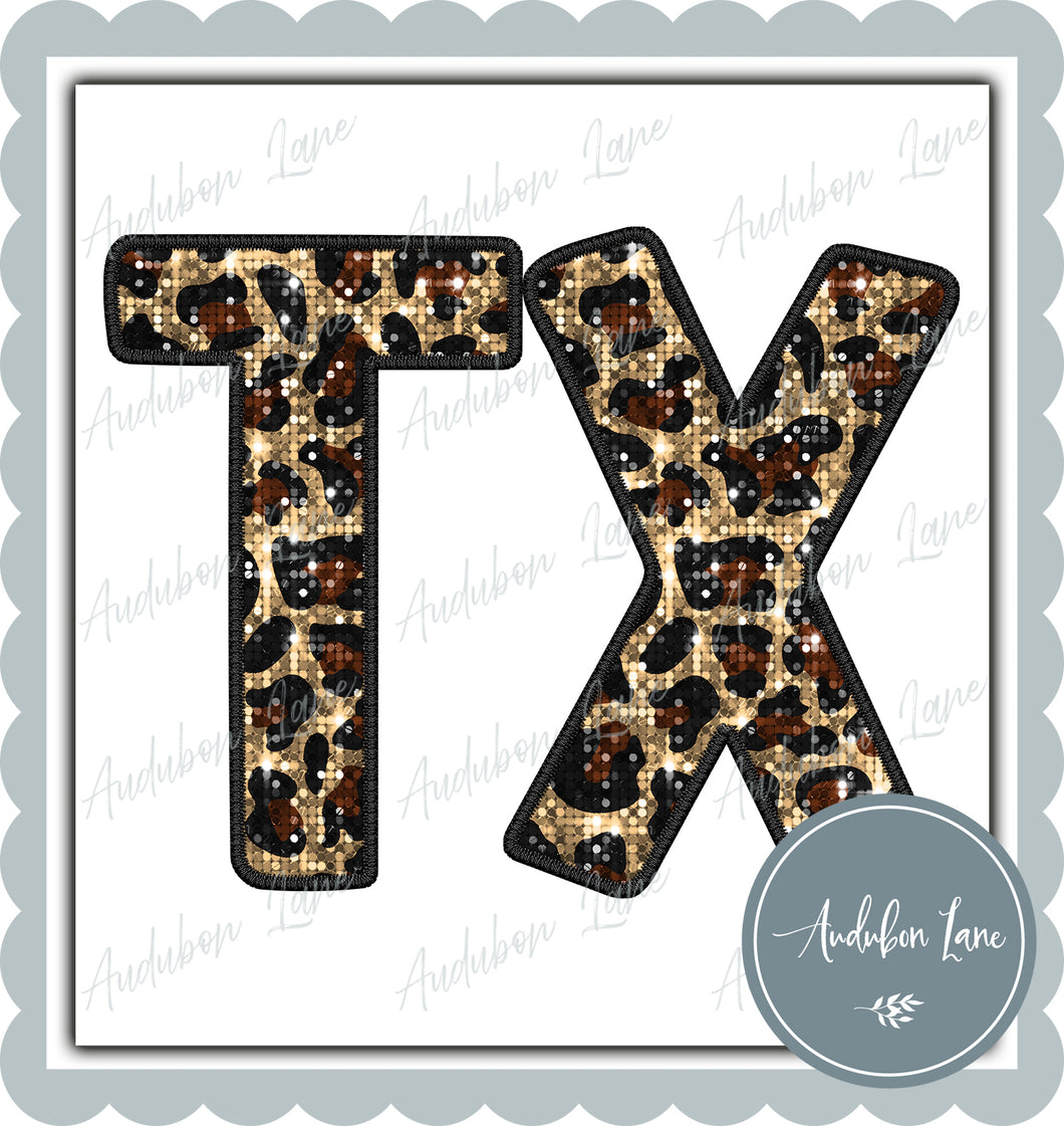 Texas Sequin Leopard Letters Ready to Press DTF Transfer Customs Available On Request