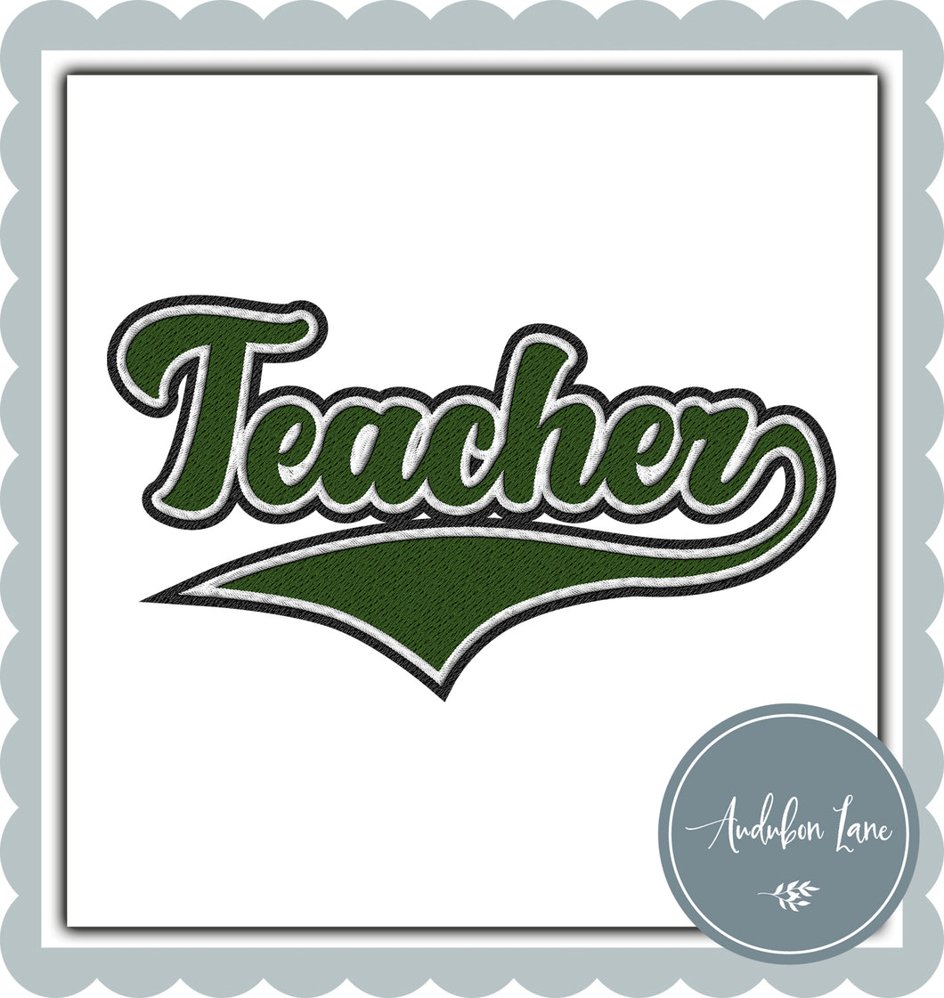 Teacher Faux Dark Green and White and Black Embroidery
