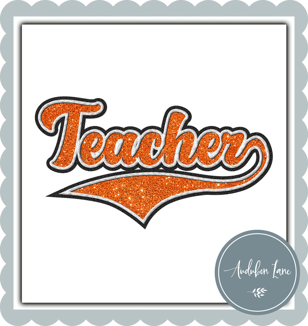 Teacher Faux Orange Glitter and White and Black Embroidery