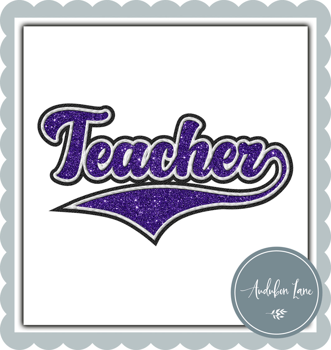Teacher Faux Purple Glitter and White and Black Embroidery