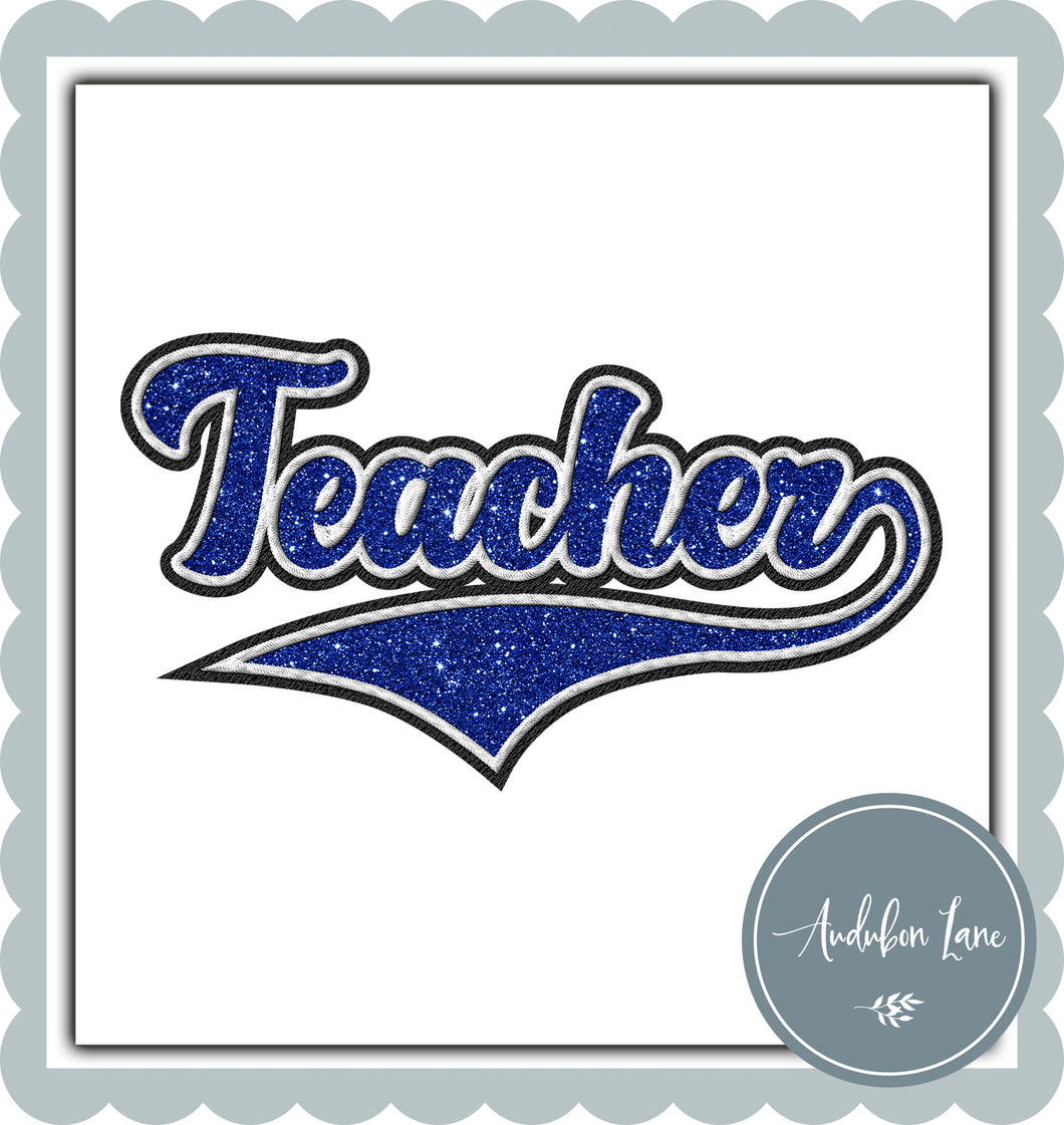 Teacher Faux Royal Blue Glitter and White and Black Embroidery