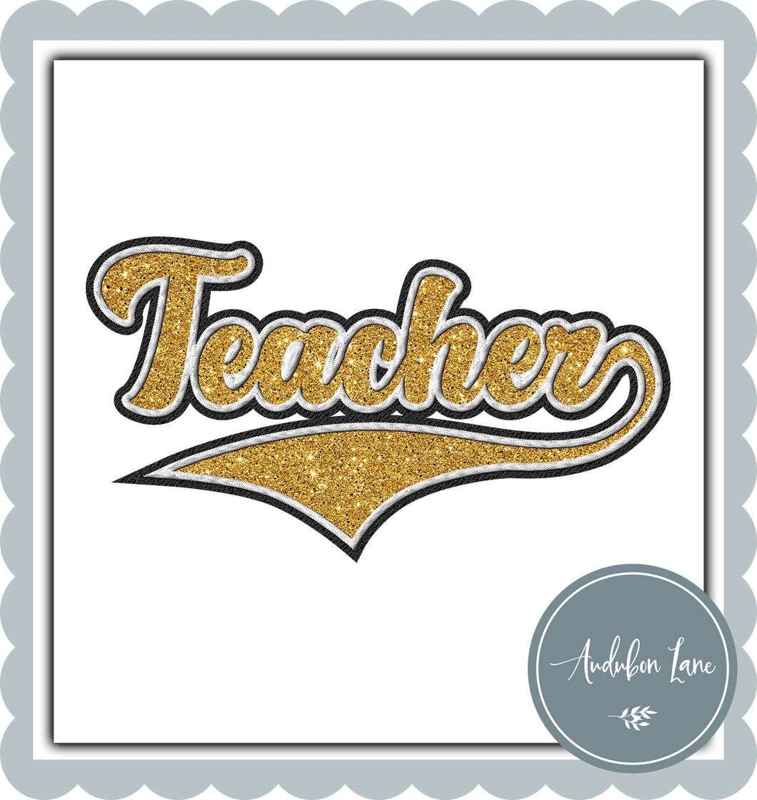 Teacher Faux Yellow Gold Glitter and White and Black Embroidery