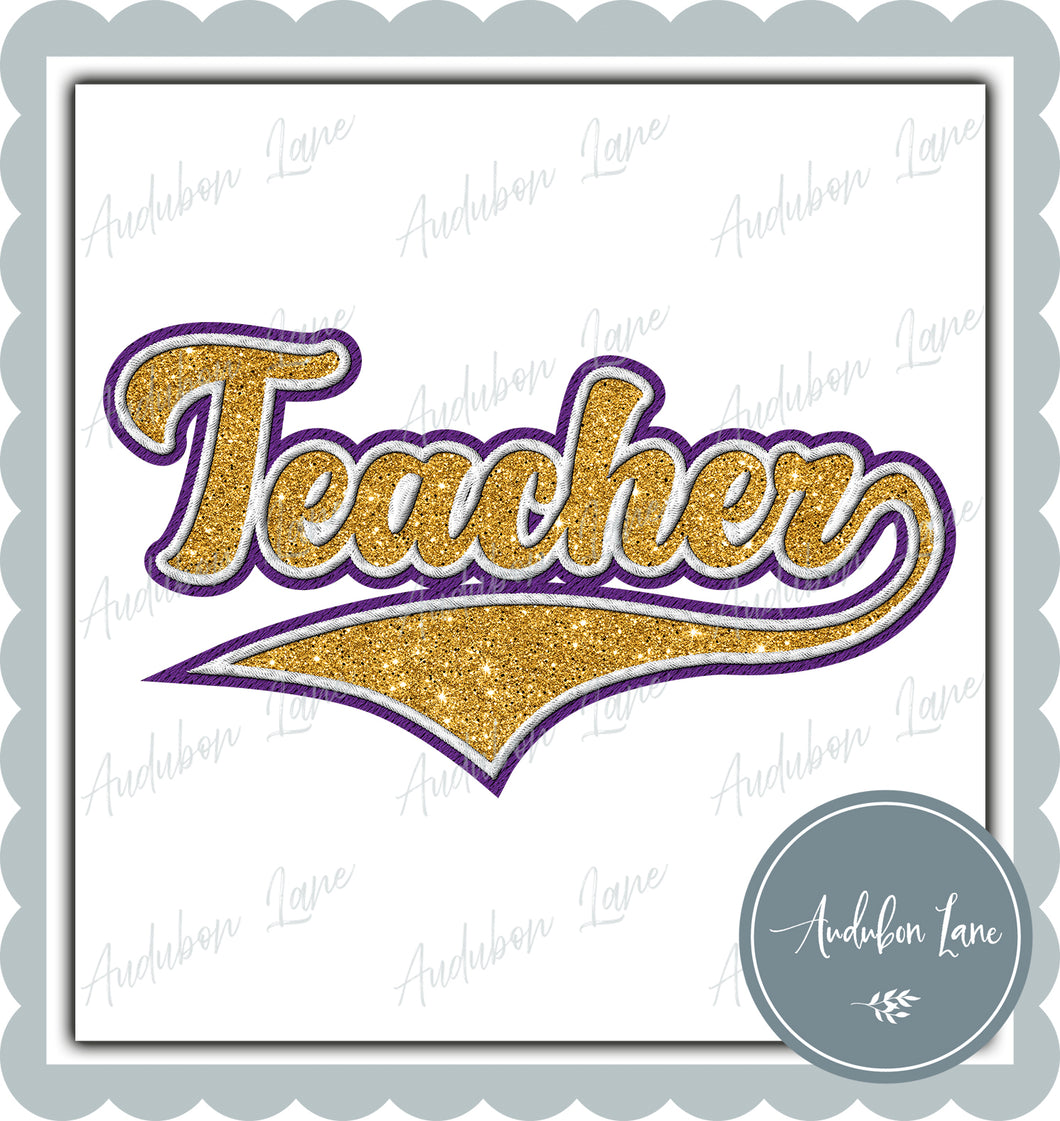 Teacher Faux Embroidery Patch Faux Yellow Gold Glitter and White and Purple Ready To Press DTF Transfer Custom Colors Available On Request