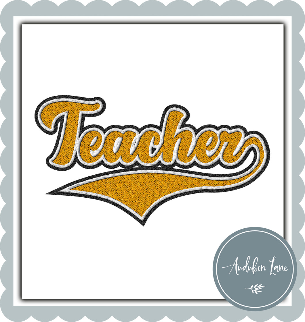 Teacher Faux Yellow Gold and White and Black Embroidery