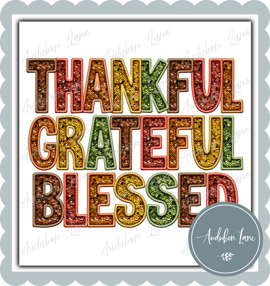 Thankful Grateful Blessed Sequin and Embroidery Letters Ready to Press DTF Transfer