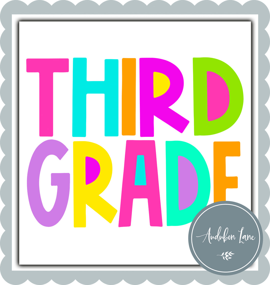Third Grade Bright Block Letters Ready to Press DTF Transfer Custom Names Available On Request