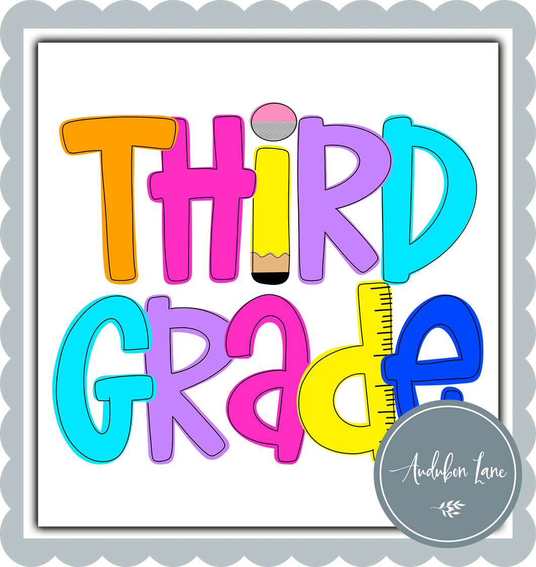 Third Grade Bright School Shape Letters Ready to Press DTF Transfer Custom Names Available On Request