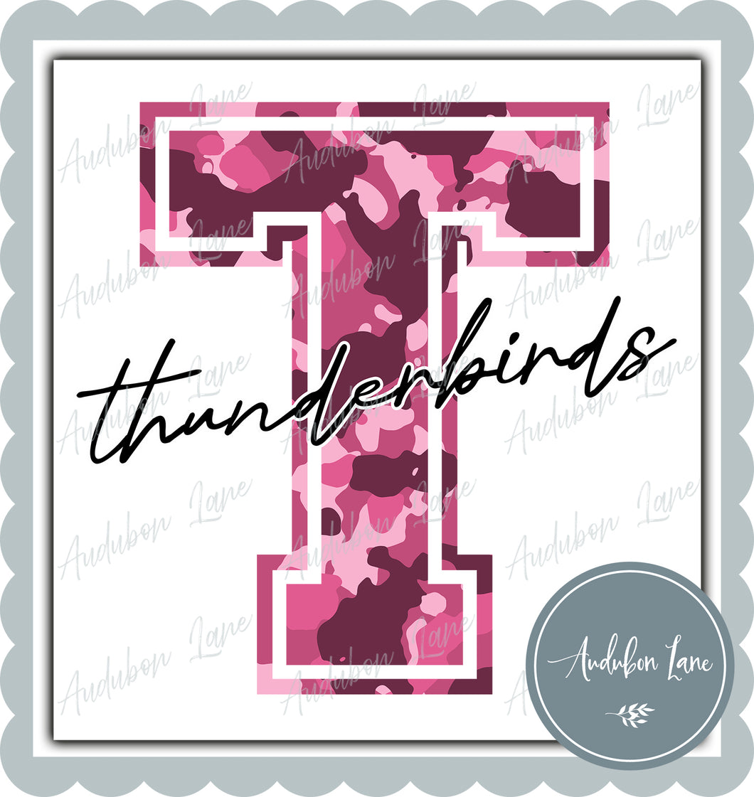 Thunderbirds Breast Cancer Awareness Pink Camo Mascot Letter Ready to Press DTF Transfer Customs Available On Request