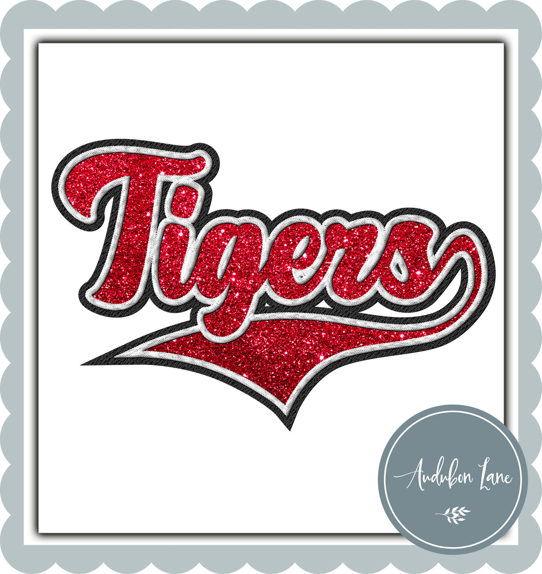 Tigers Faux Black and White Embroidery and Faux Red Glitter