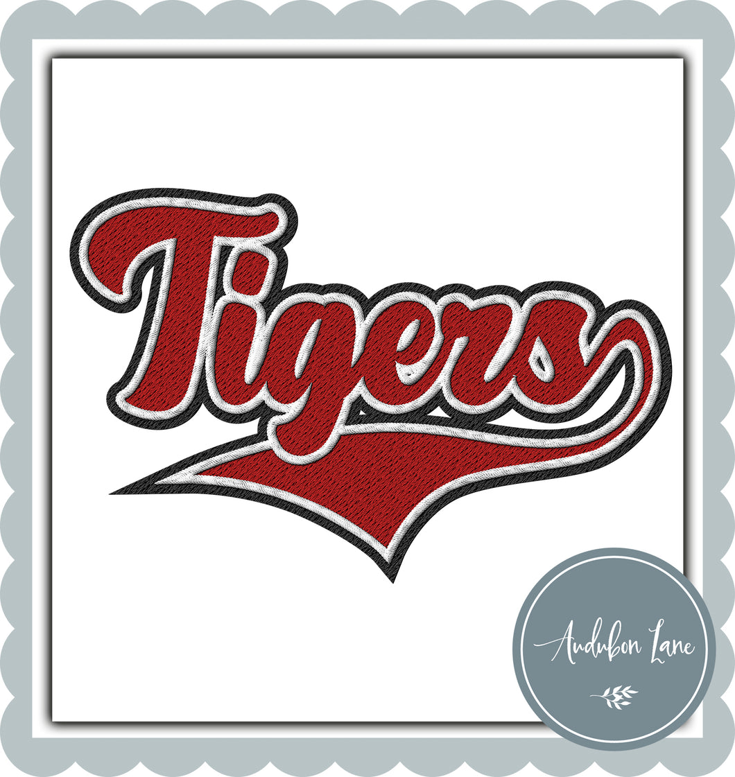 Tigers Faux Red and White and Black Embroidery