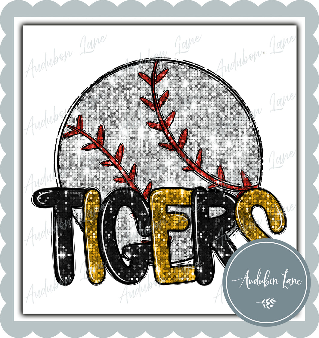 Tigers Black and Gold Faux Sequin Baseball with Mascot Print Ready To Press DTF Transfer Custom Colors Available On Request