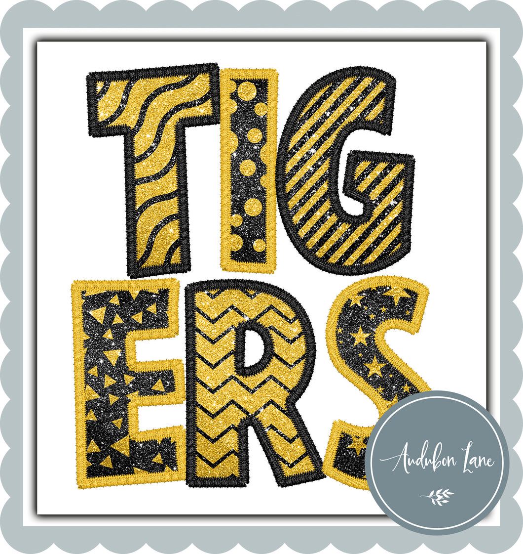 Tigers Stacked Faux Glitter and Embroidery Black and Gold