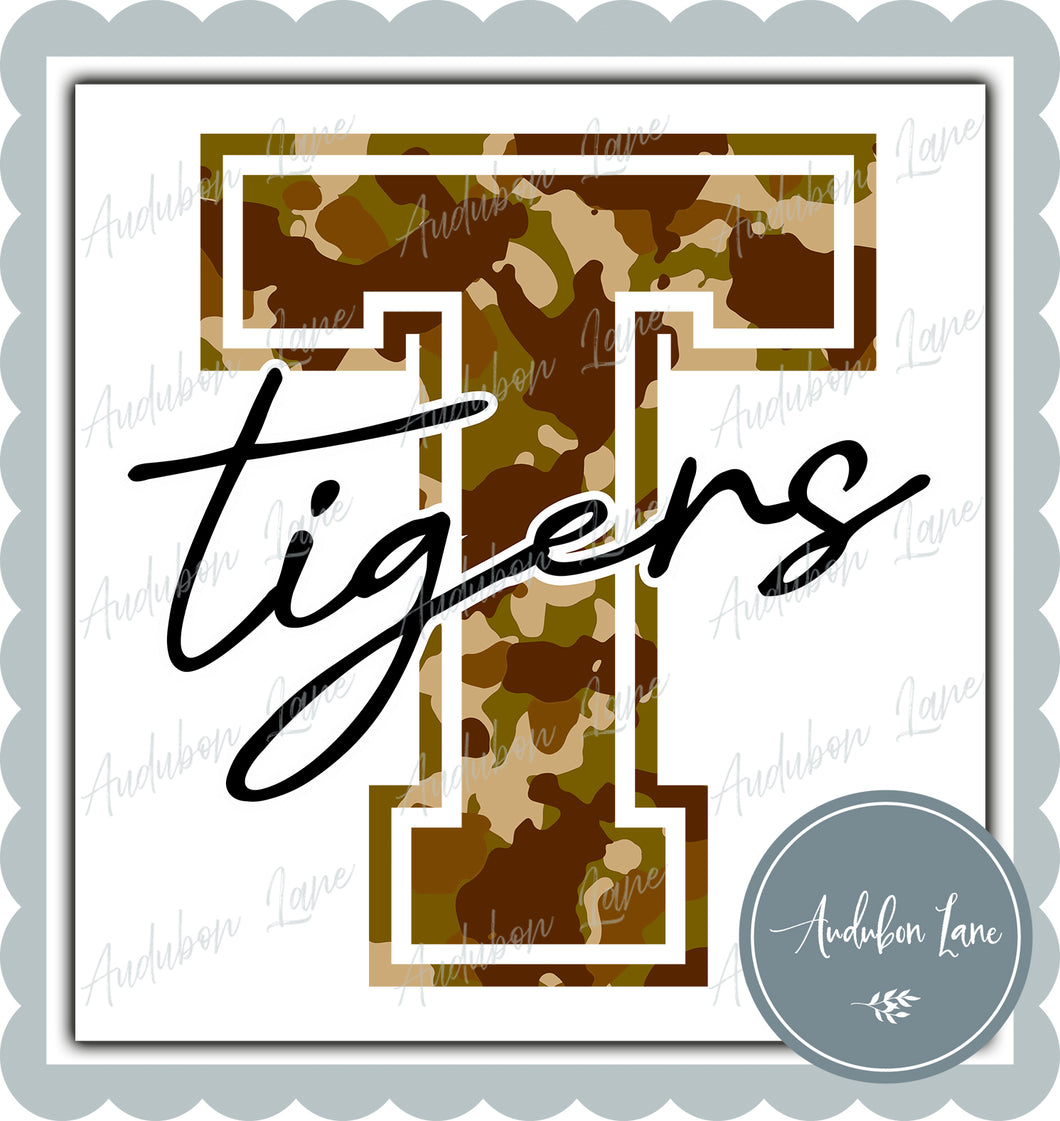 Tigers Old School Camo Mascot Letter Ready to Press DTF Transfer Customs Available On Request