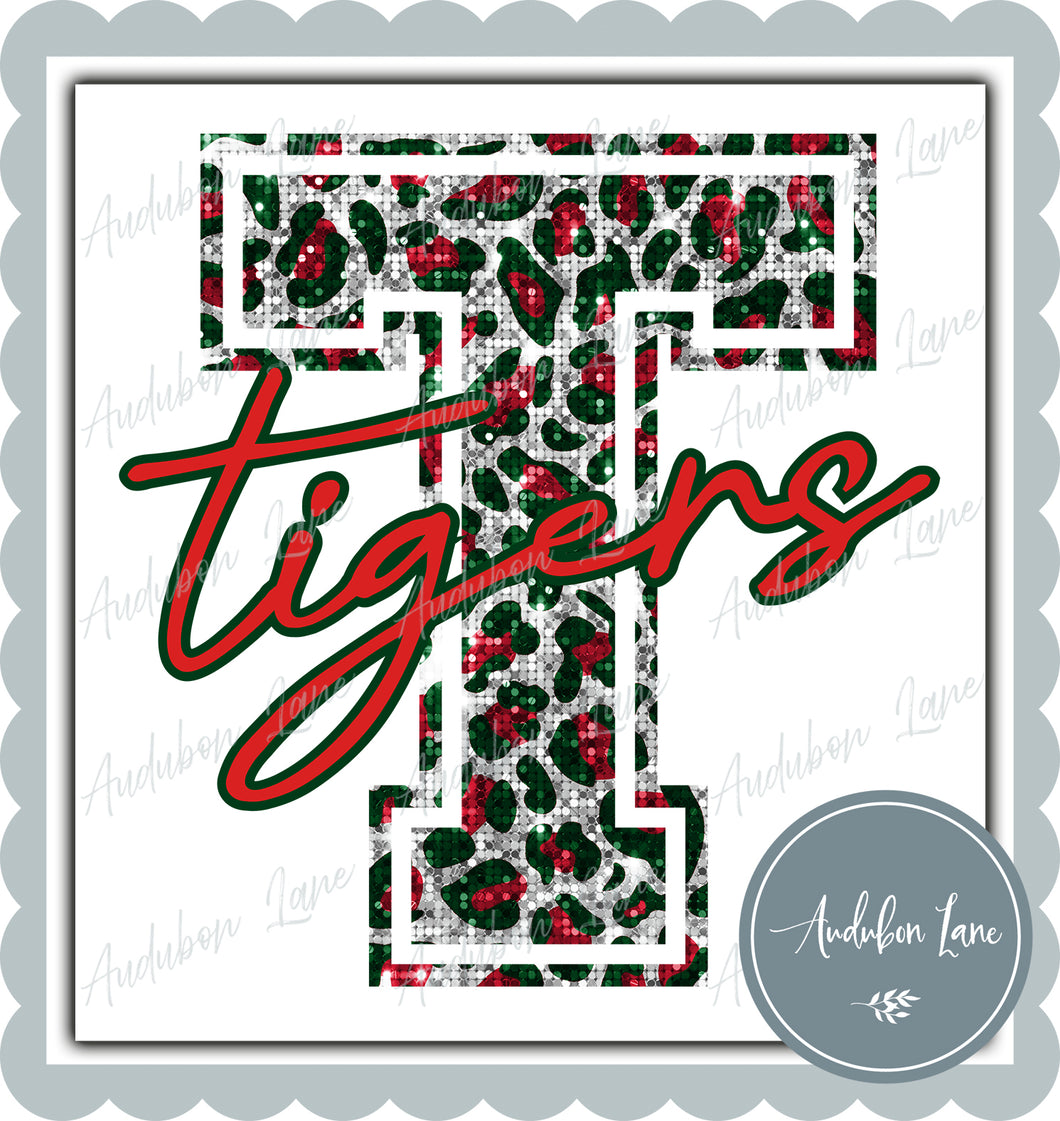 Tigers Christmas Sequin Leopard Mascot Letter Ready to Press DTF Transfer Customs Available On Request