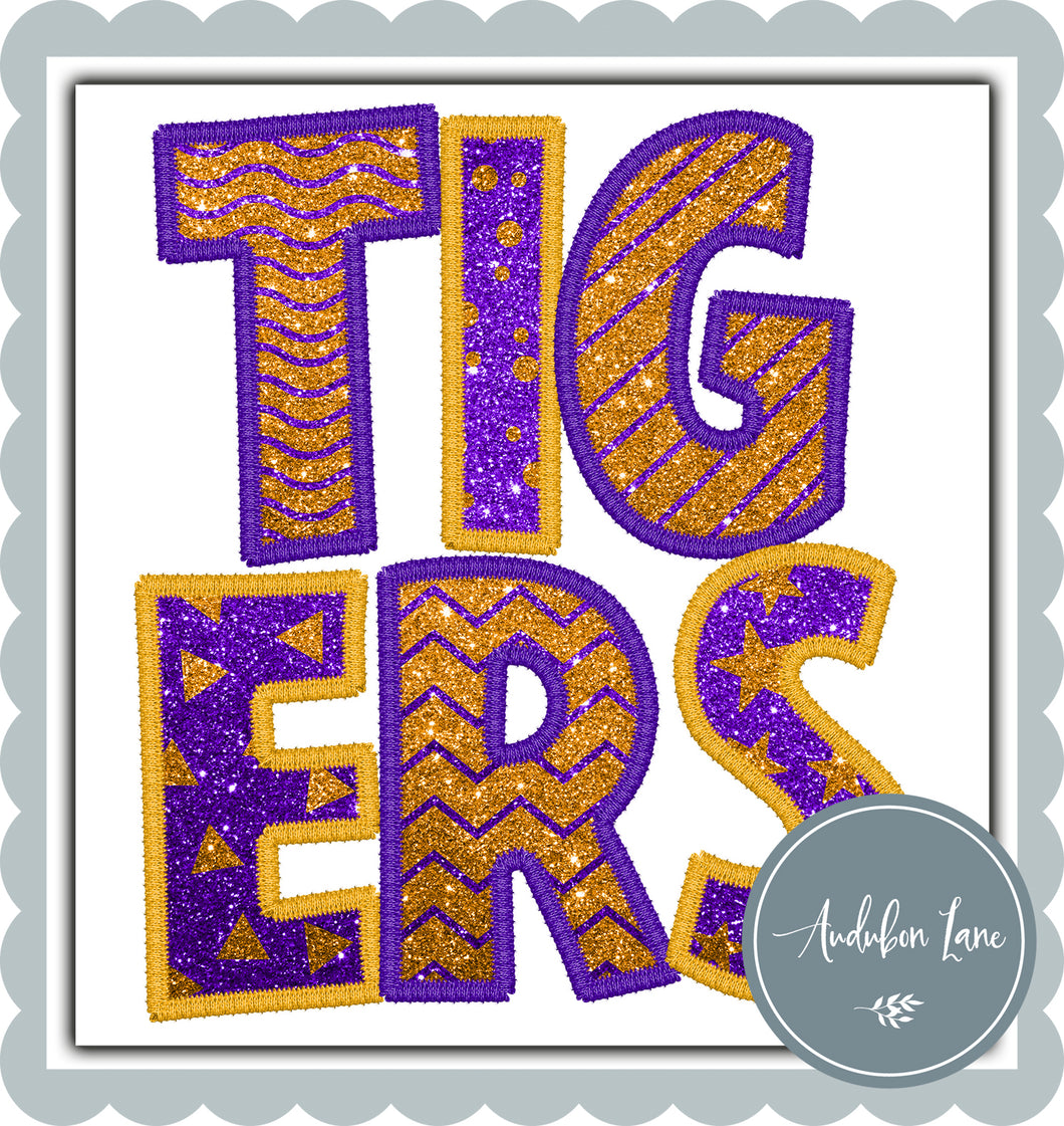Tigers Faux Glitter and Embroidery Purple and Gold