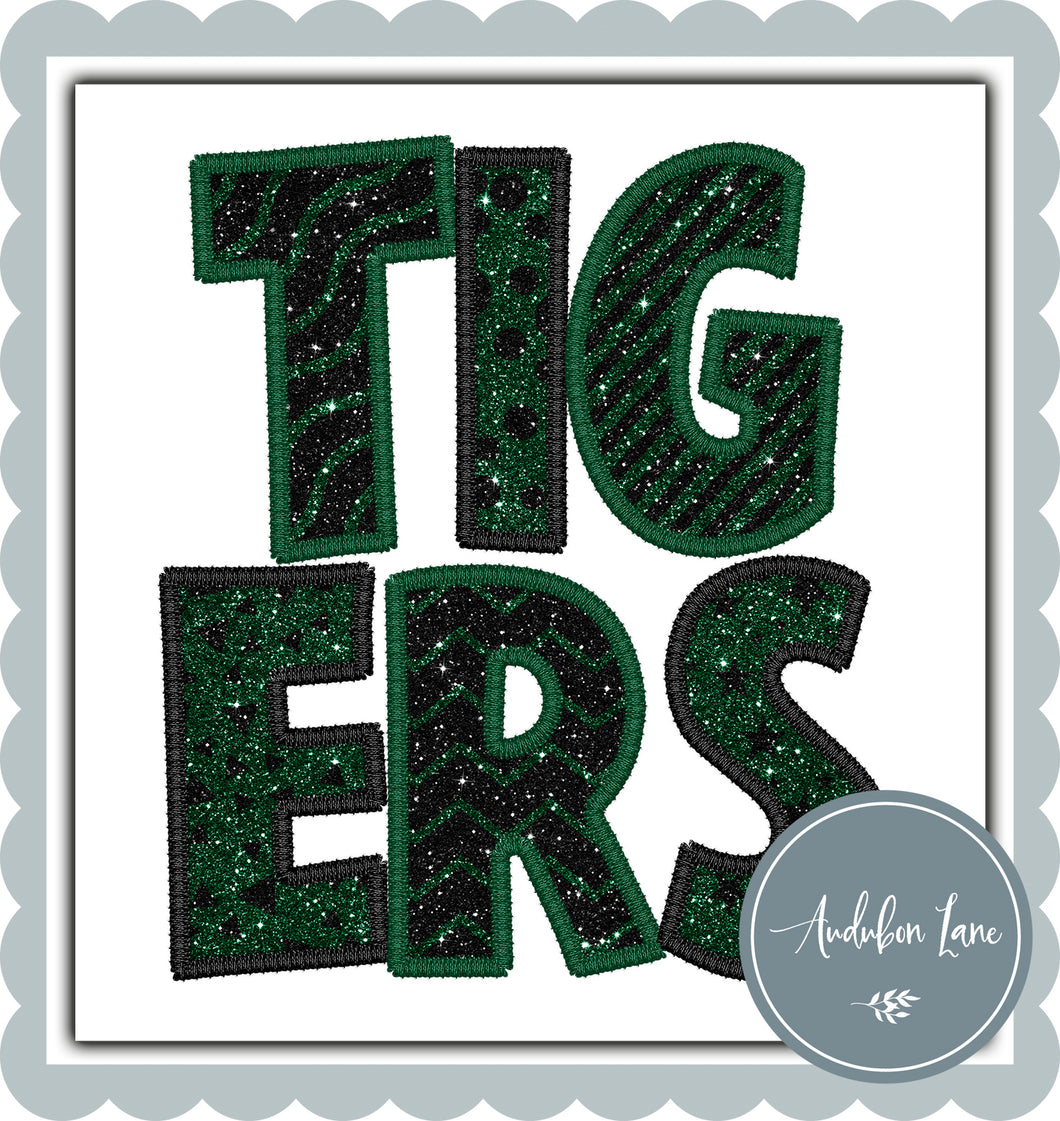 Tigers Faux Glitter and Embroidery Emerald and Charcoal