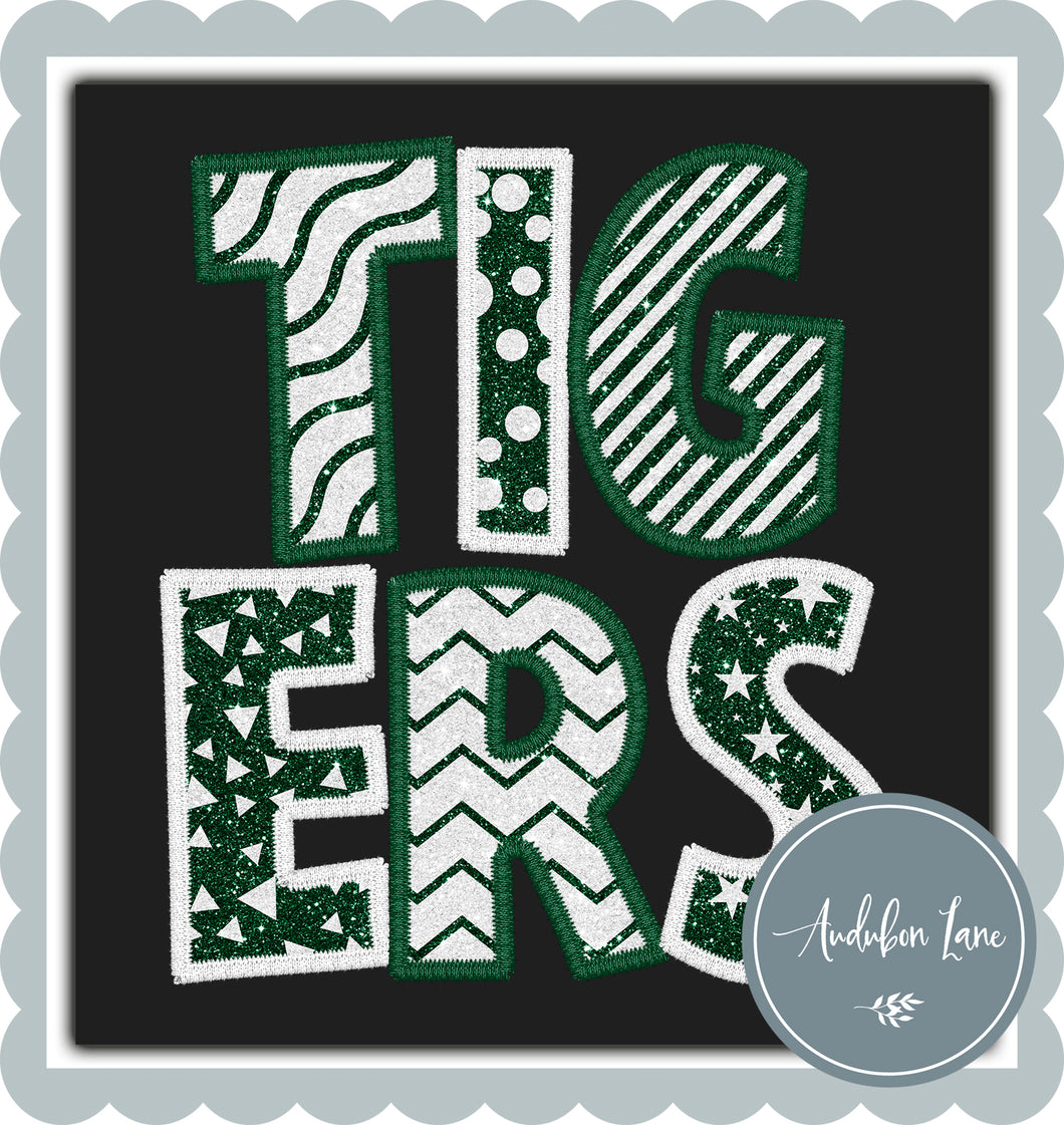 Tigers Faux Glitter and Embroidery Emerald and White