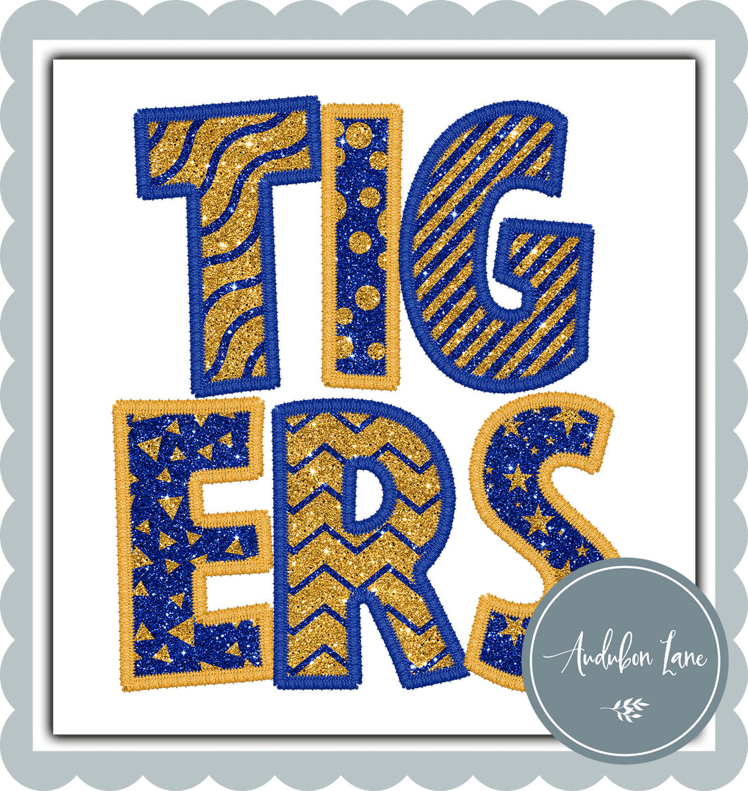 Tigers Faux Glitter and Embroidery Royal Blue and Yellow Gold