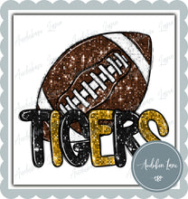 Load image into Gallery viewer, Tigers Black and Gold Faux Sequin Football with Mascot Print Ready To Press DTF Transfer Custom Colors Available On Request
