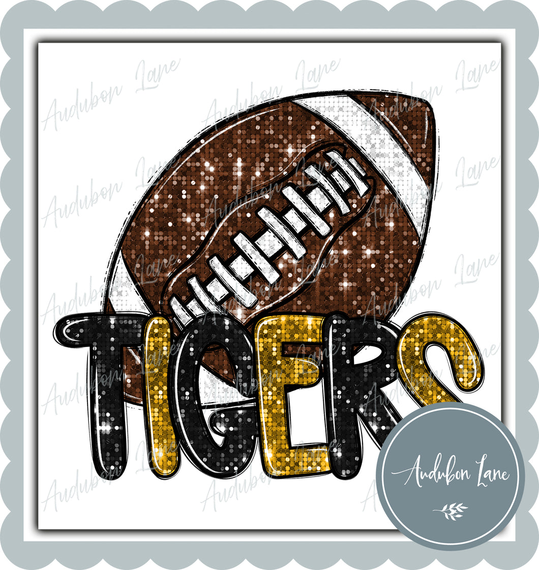 Tigers Black and Gold Faux Sequin Football with Mascot Print Ready To Press DTF Transfer Custom Colors Available On Request