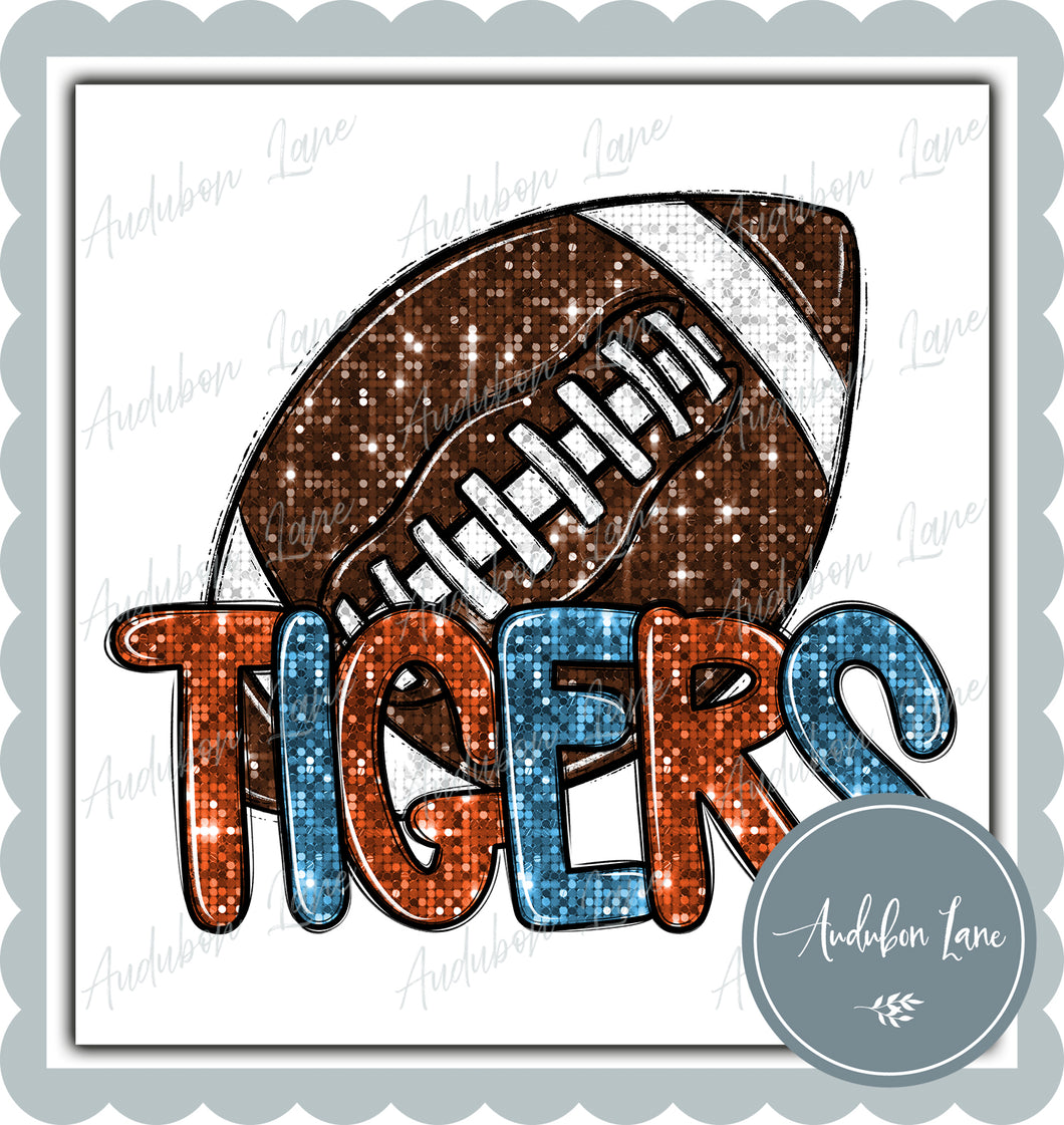 Tigers Orange and Lt Blue Faux Sequin Football with Mascot Print Ready To Press DTF Transfer Custom Colors Available On Request