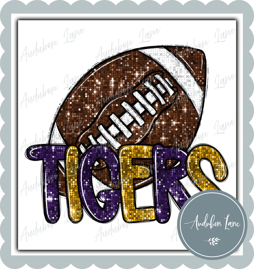 Tigers Purple and Gold Faux Sequin Football with Mascot Print Ready To Press DTF Transfer Custom Colors Available On Request