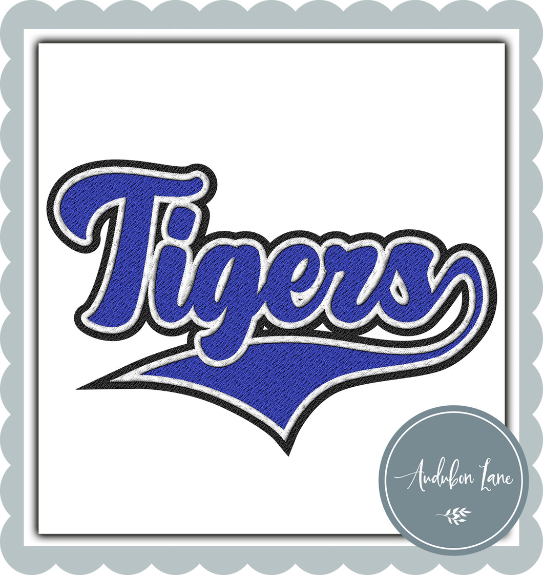 Tigers Faux Blue and Black and White Embroidery