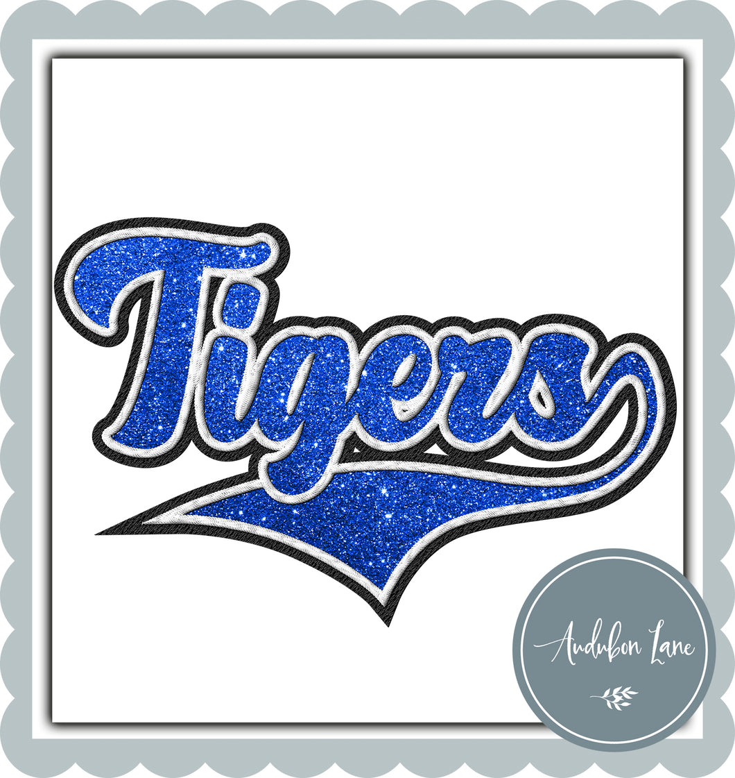 Tigers Faux Black and White Embroidery and Faux Blue Glitter