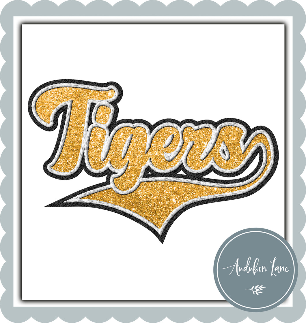 Tigers Faux Gold Glitter and White and Black Embroidery