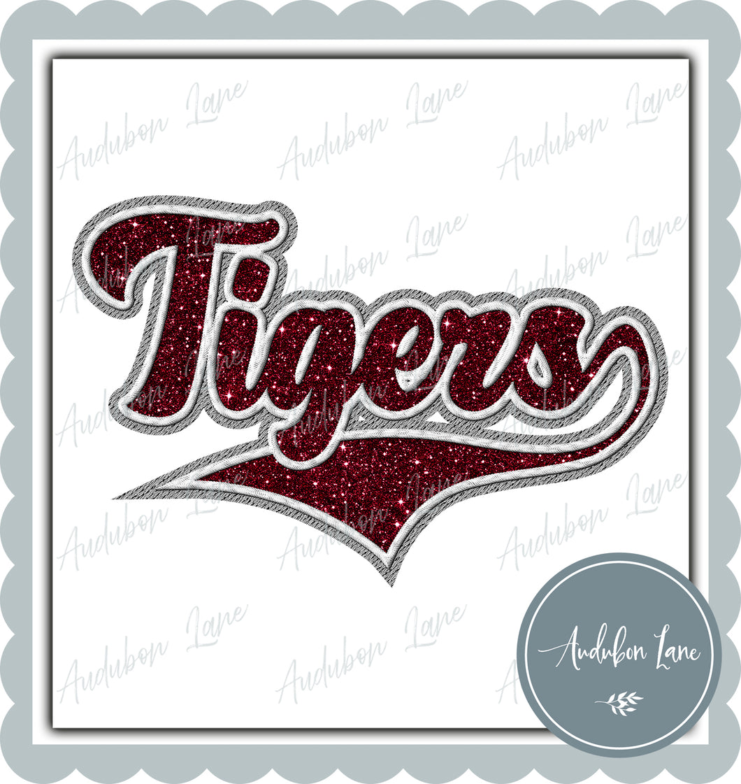 Tigers Full Faux Embroidery Faux Glitter Maroon and White and Grey Ready To Press DTF Transfer