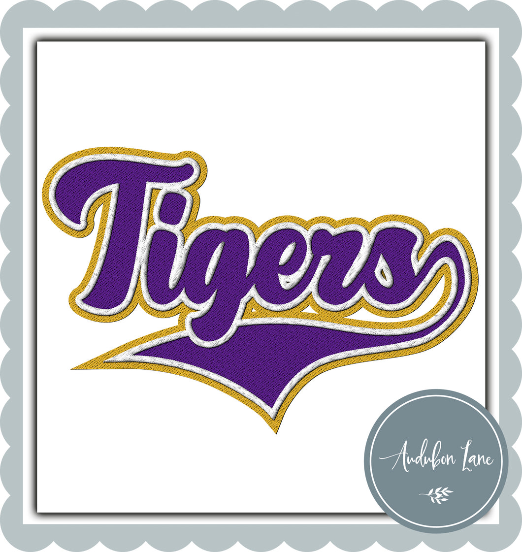 Tigers Faux Purple and White and Gold Embroidery