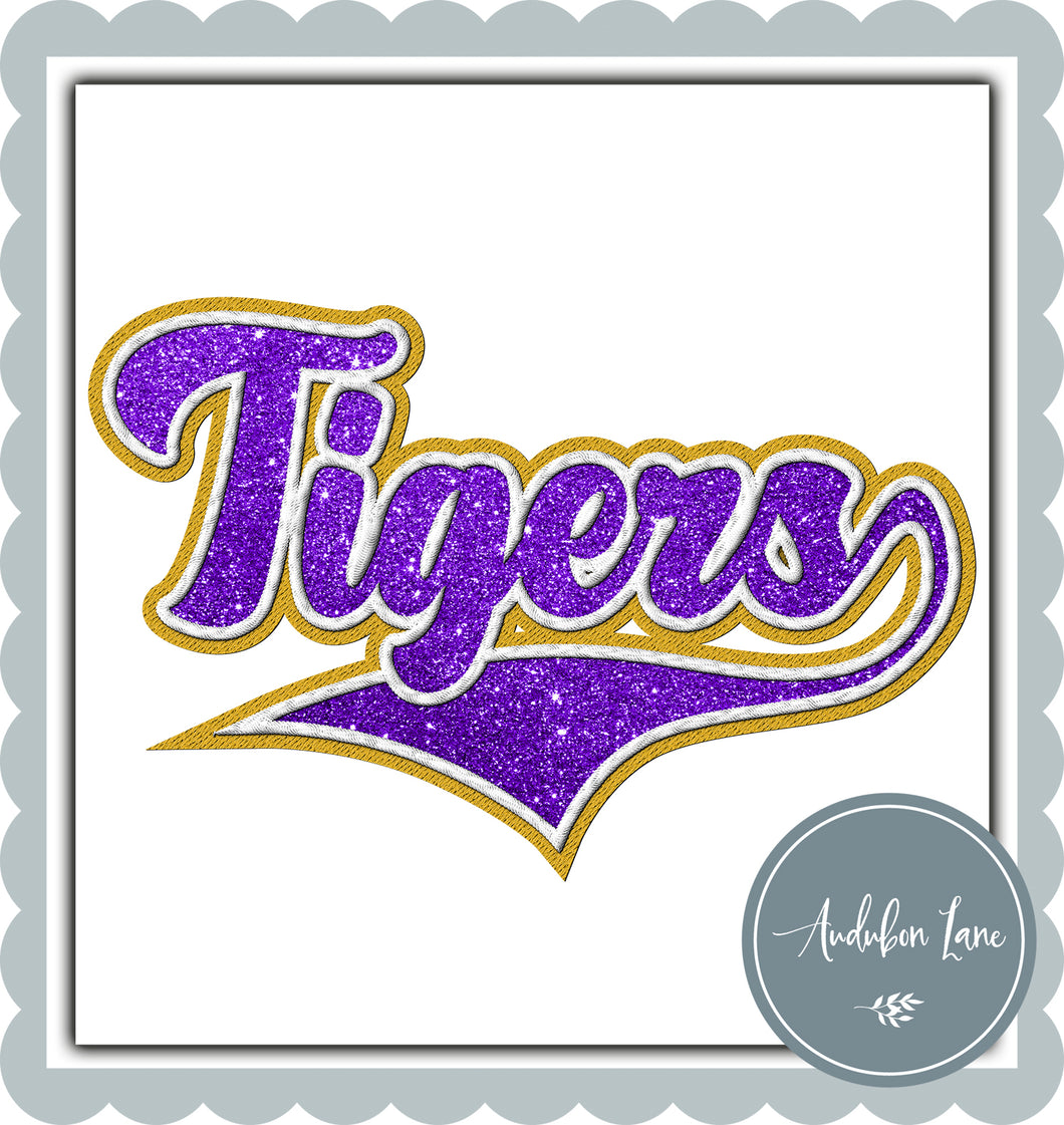 Tigers Faux Gold and White Embroidery and Faux Purple Glitter