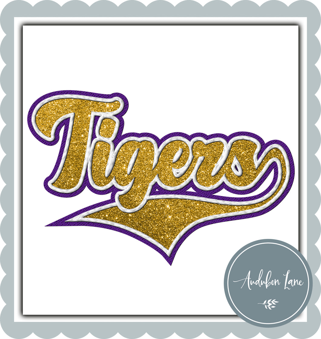 Tigers Faux Purple and White Embroidery and Faux Gold Glitter