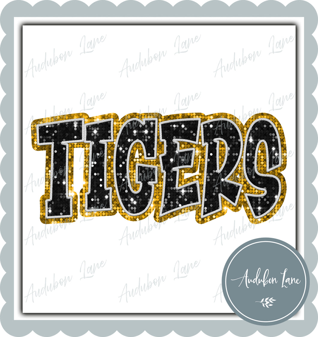 Tigers Graffiti Style Sequin Black and Yellow Gold Mascot Ready to Press DTF Transfer Customs Available On Request