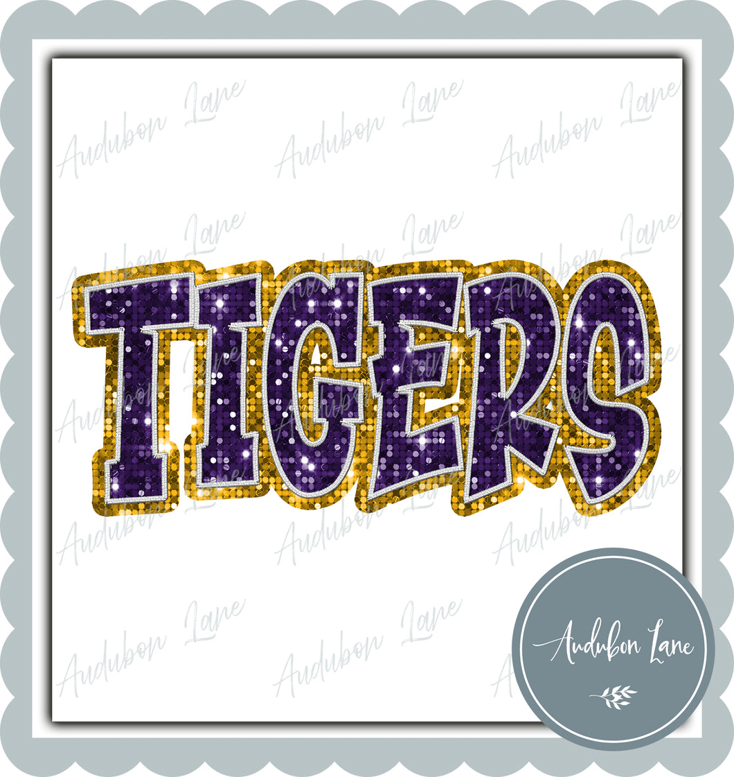 Tigers Graffiti Style Sequin Purple and Yellow Gold Mascot Ready to Press DTF Transfer Customs Available On Request