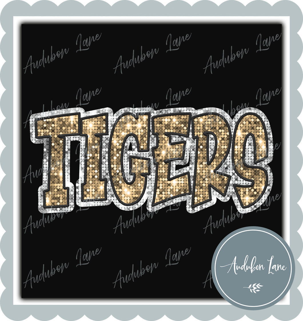 Tigers Graffiti Style Sequin Vegas Gold and White Mascot Ready to Press DTF Transfer Customs Available On Request