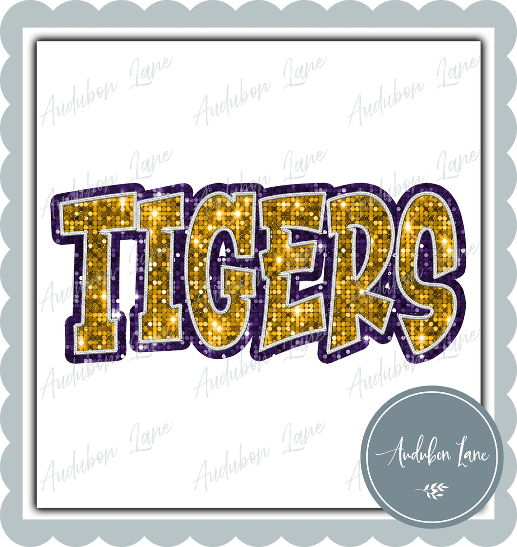 Tigers Graffiti Style Sequin Yellow Gold and Purple Mascot Ready to Press DTF Transfer Customs Available On Request