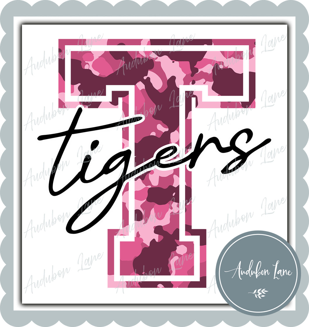 Tigers Breast Cancer Awareness Pink Camo Mascot Letter Ready to Press DTF Transfer Customs Available On Request