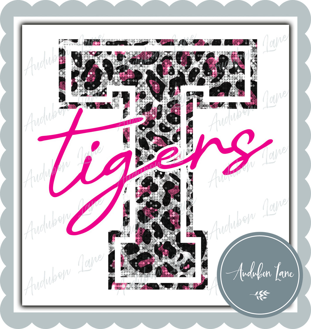 Tigers Pink Sequin Leopard Mascot Letter Ready to Press DTF Transfer Customs Available On Request