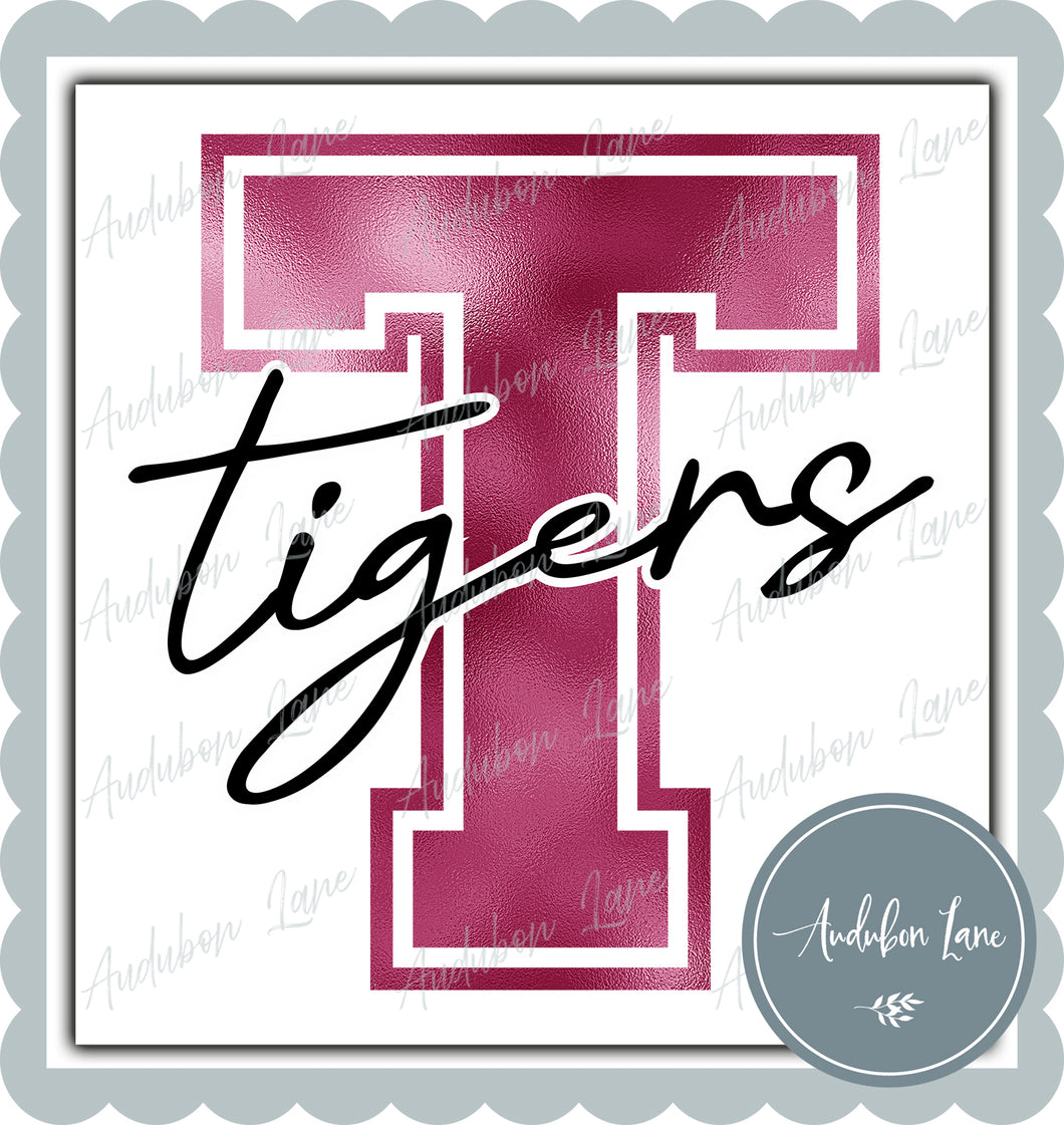 Tigers Breast Cancer Awareness Faux Metallic Pink Foil Mascot Letter Ready to Press DTF Transfer Customs Available On Request
