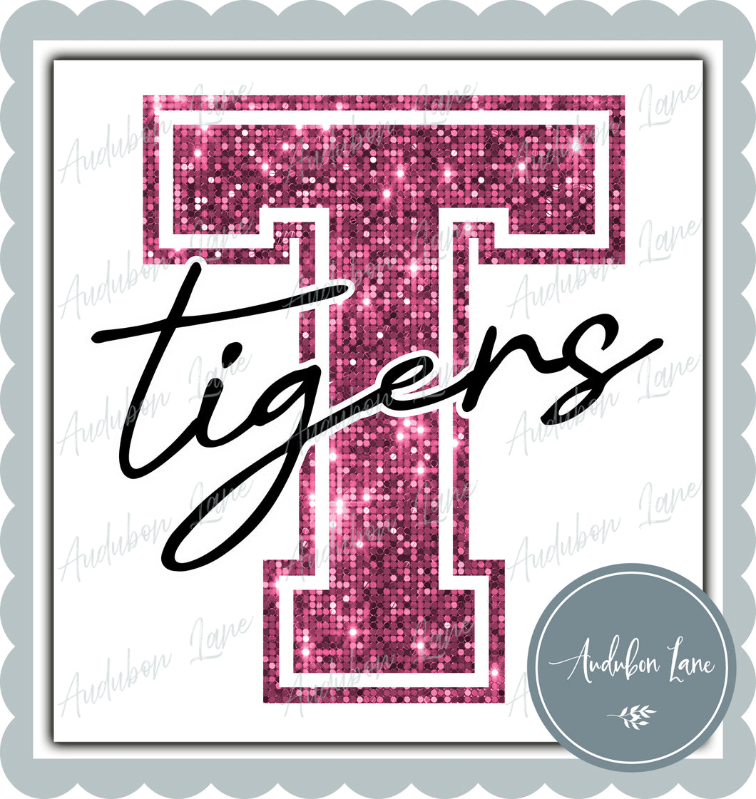 Tigers Breast Cancer Awareness Faux Pink Sequin Mascot Letter Ready to Press DTF Transfer Customs Available On Request
