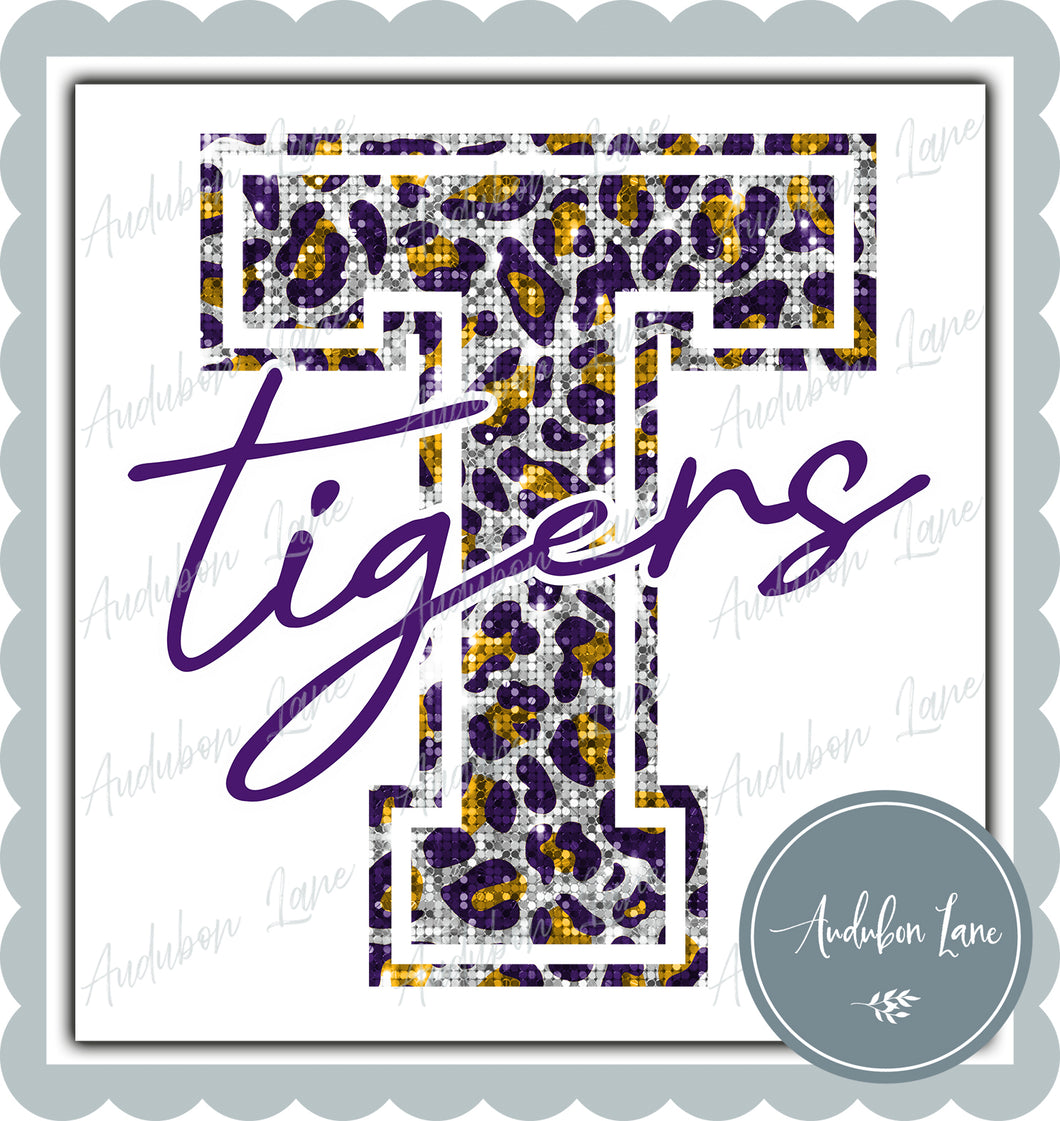Tigers Pride Sequin Leopard Mascot Letter Ready to Press DTF Transfer Customs Available On Request