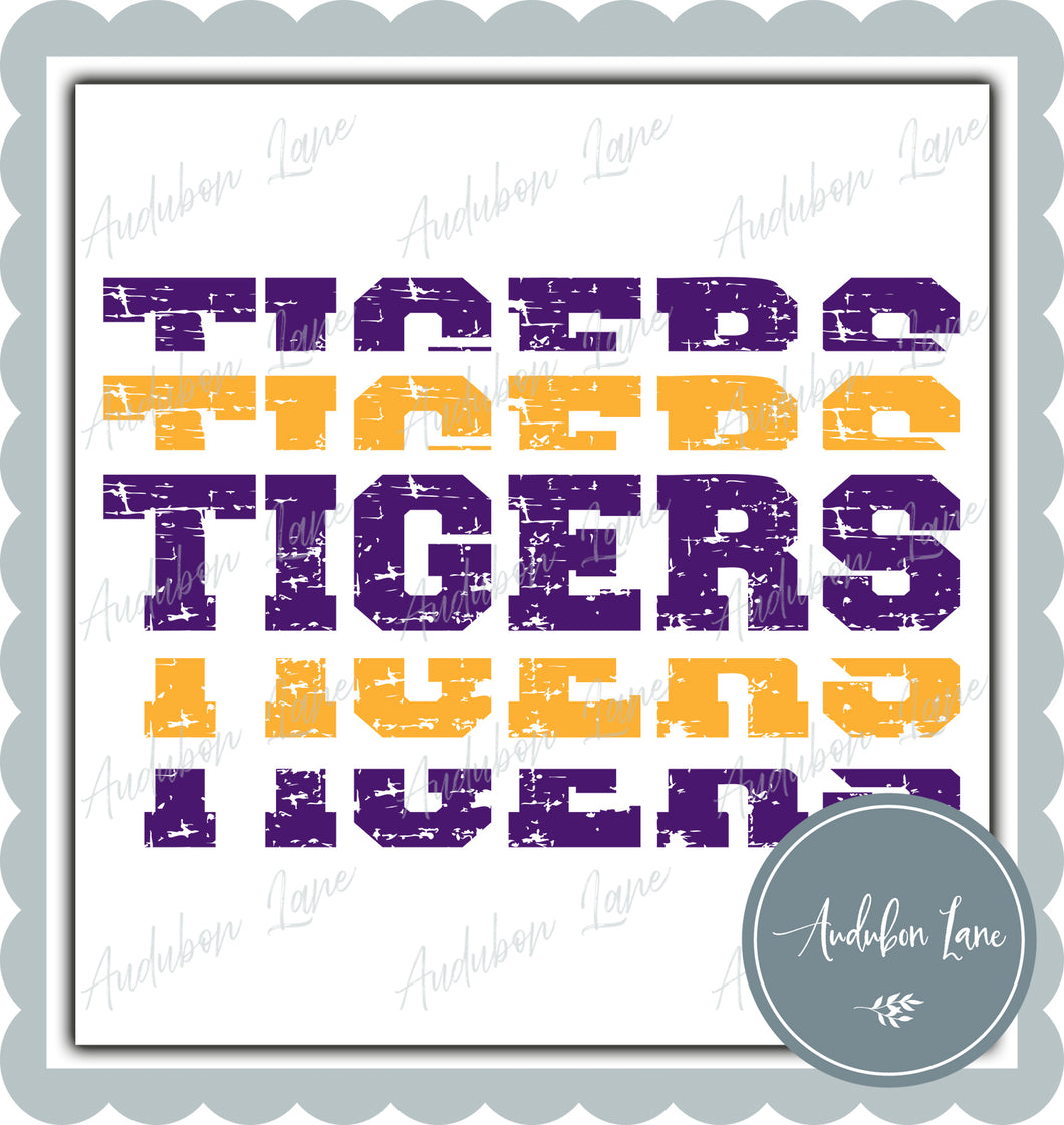 Tigers Stacked Pro Distressed Two Color Purple and Yellow Gold Ready To Press DTF Transfer Custom Colors Available On Request