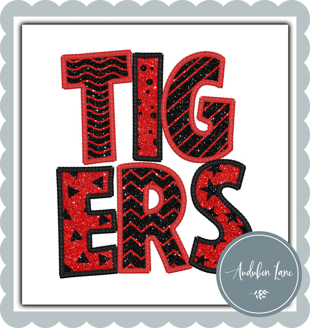 Tigers Faux Glitter and Faux Embroidery Red and Black