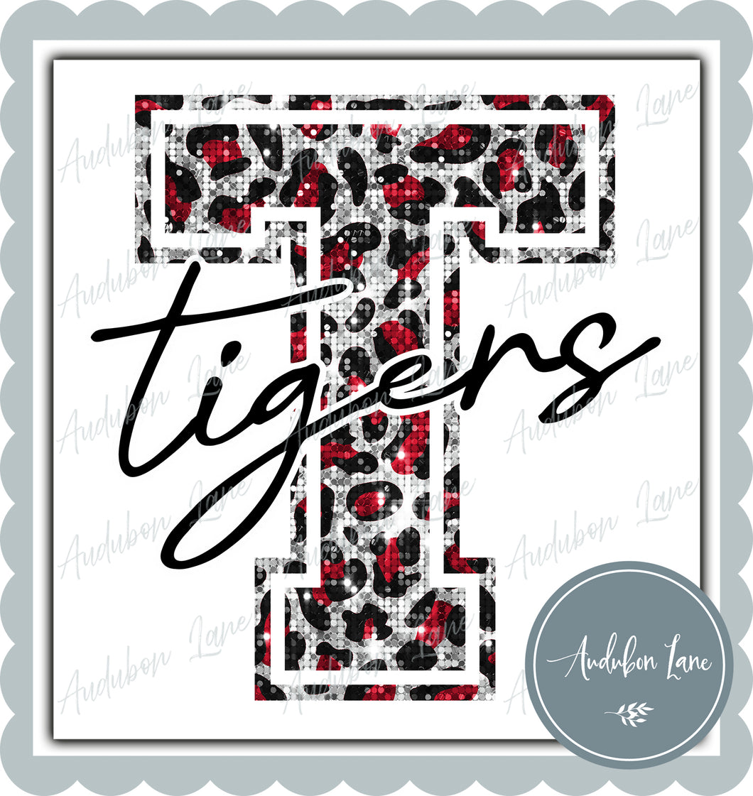 Tigers Red Sequin Leopard Mascot Letter Ready to Press DTF Transfer Customs Available On Request