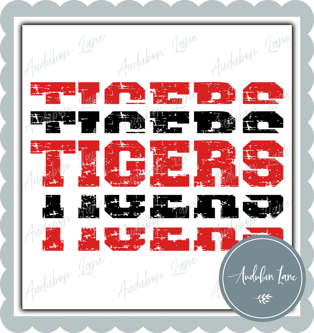 Tigers Stacked Pro Distressed Two Color Red and Black Ready To Press DTF Transfer Custom Colors Available On Request